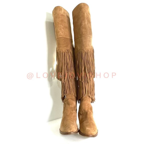 Bohemian | Sam Edelman Over-the-Knee Fringe Boots | Camel Tan Suede Western Tall - Picture 11 of 15